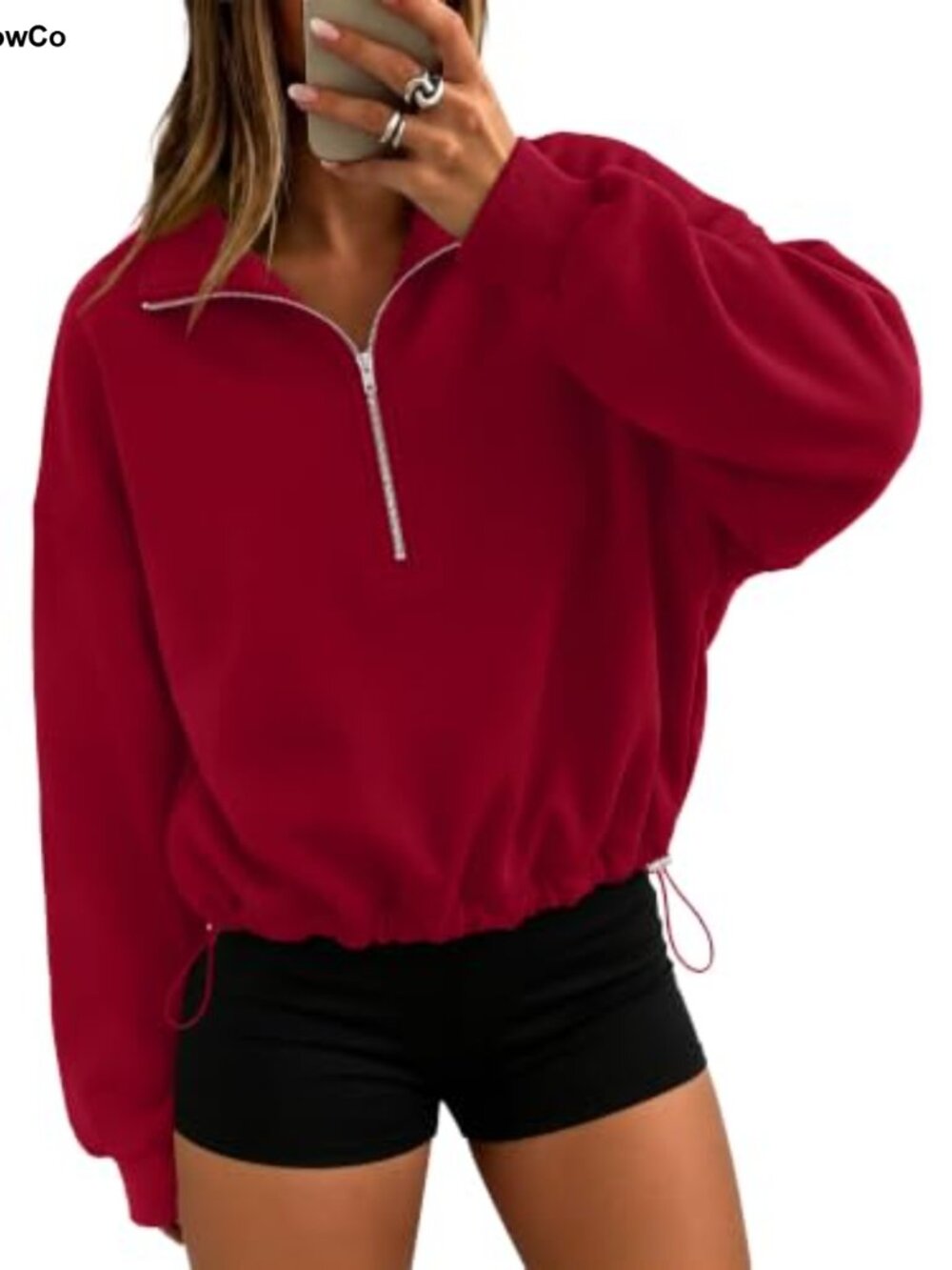 Women's Quarter Zip Pullover Cinchable Hem Crop Fleece Sweatshirt